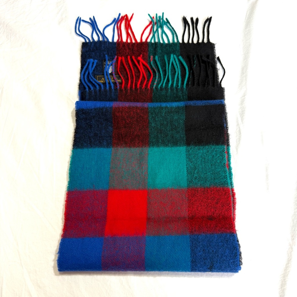 100% Pure Wool Vintage Colorblock Fringe Scarf Red Blue Teal Black 10”*55” Japan